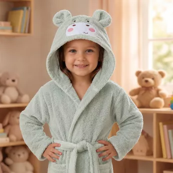 Peignoir enfant children 100% cotton 420 gsm embroidered green Petit hippo vert d'eau