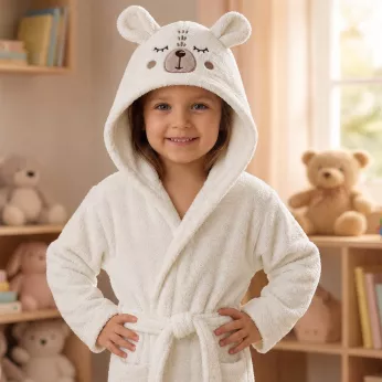 Peignoir enfant children 100% cotton 420 gsm embroidered beige brown Petit ours angora