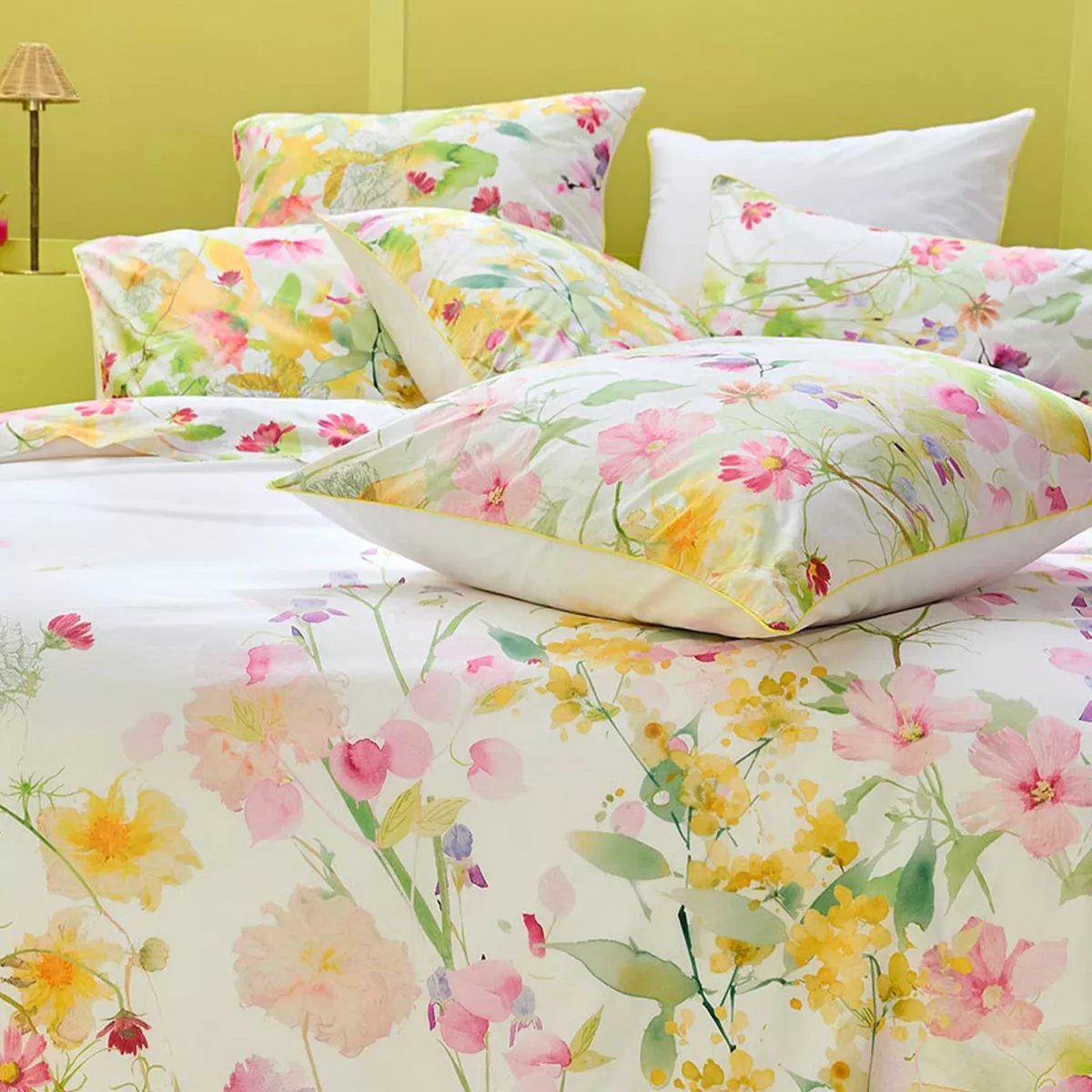 Pillowcase cotton percale prewashed 115 gsm printed green pink Souffle fleuri printemps