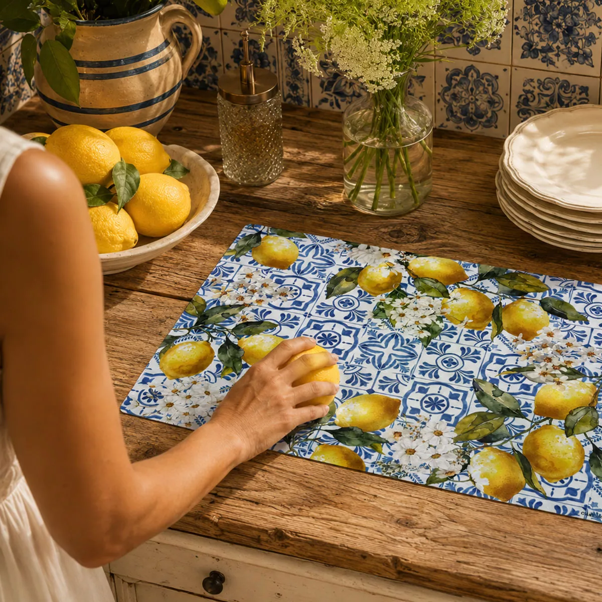Table set vinyl 860 gsm printed yellow blue Citrons azulejos bleu