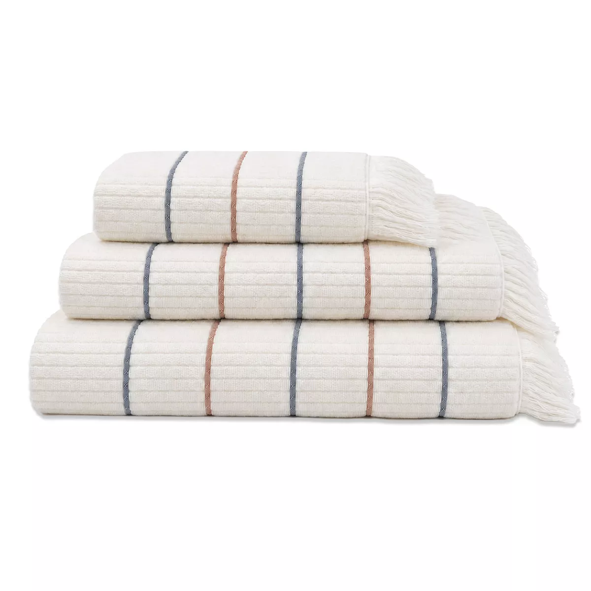 Bath set 100% cotton tissé teint rayé navy blue burgundy Farniente tangerine