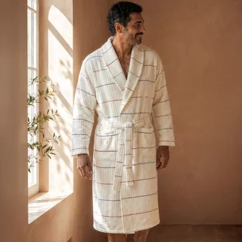 Bathrobe 100% cotton 420 gsm tissé teint rayé burgundy navy blue Farniente tangerine