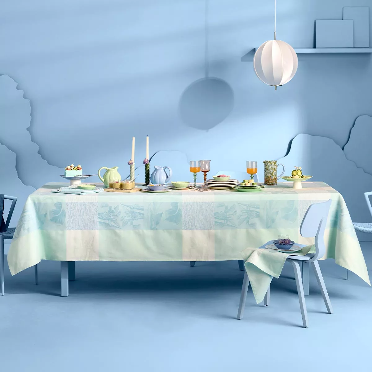 Tablecloth 100% cotton 220 gsm jacquard pattern beige blue Mille iris d'eau aqua