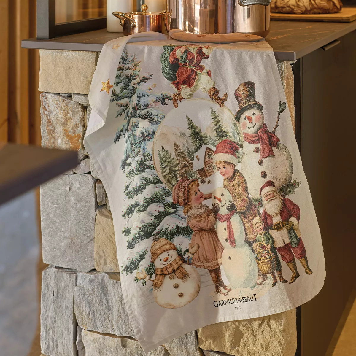 Kitchen towel linen & cotton prewashed 190 gsm printed red green Bonhommes de neige vintage