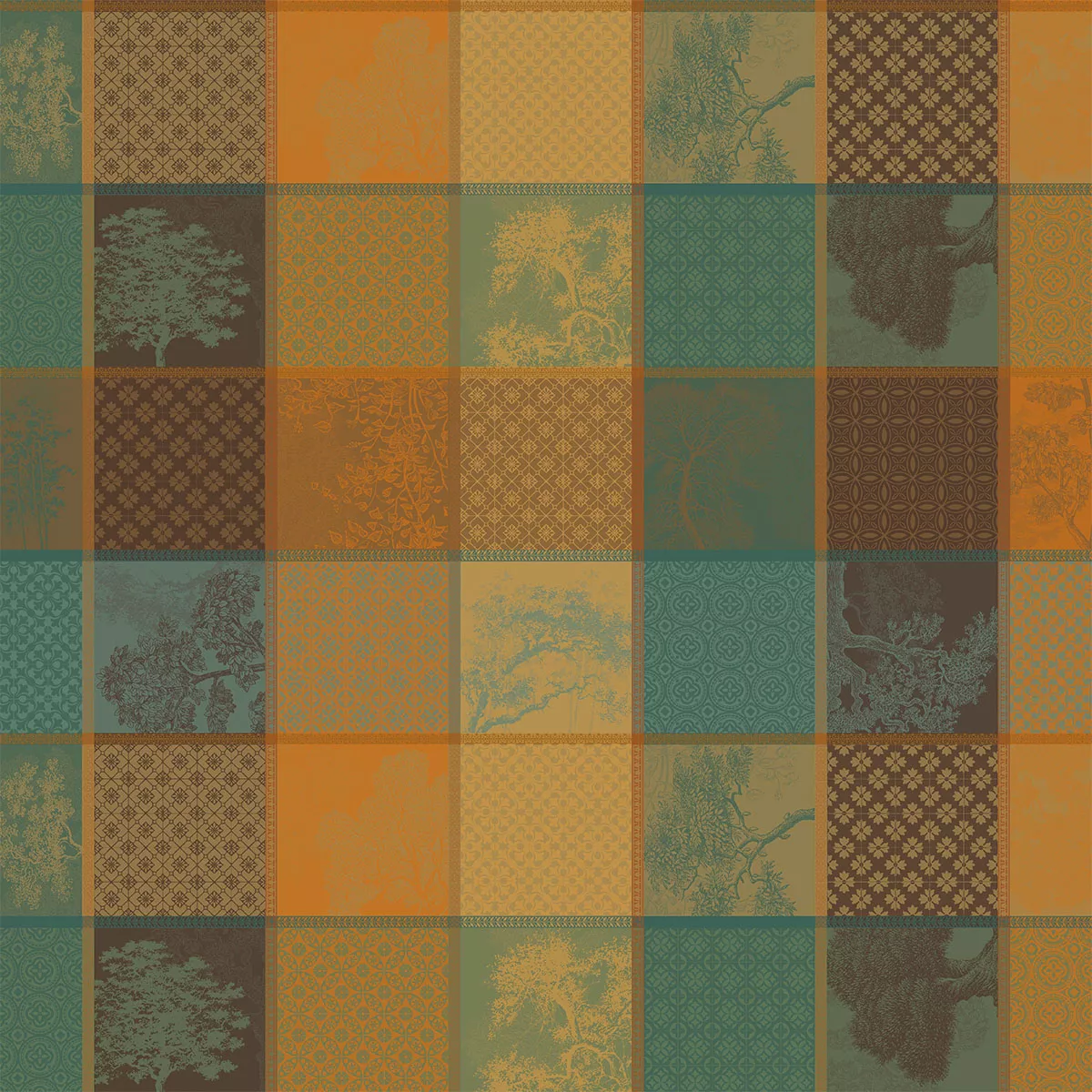 Custom made tablecloth 100% cotton coated 220 gsm jacquard pattern brown green Mille trees foret