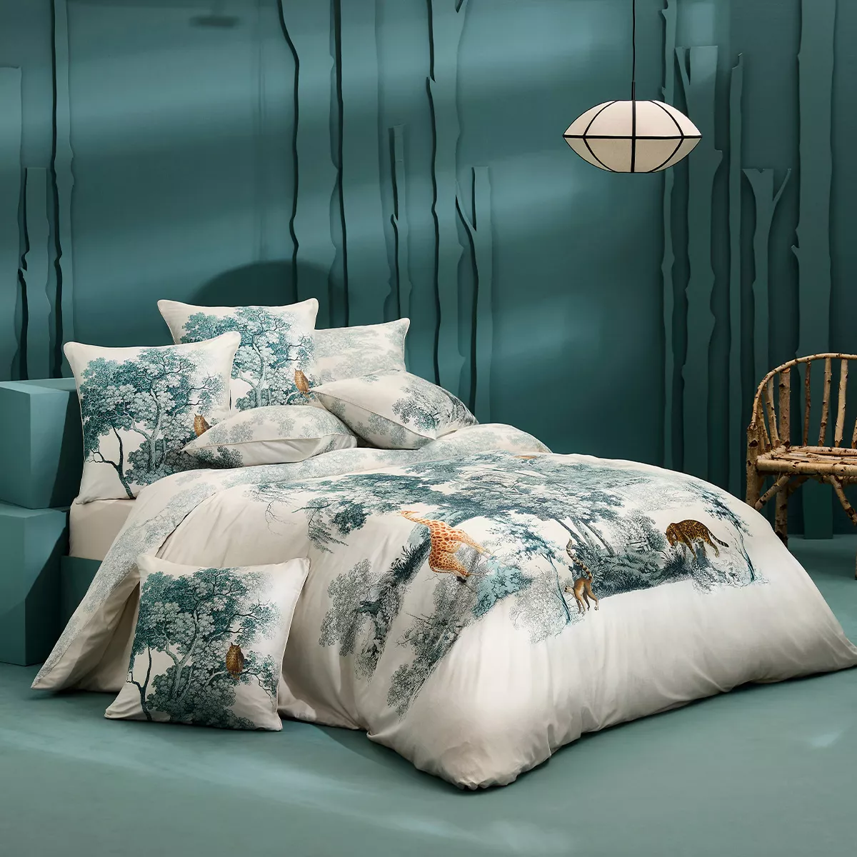 Bed set cotton sateen 115 gsm printed beige blue Utopie encre