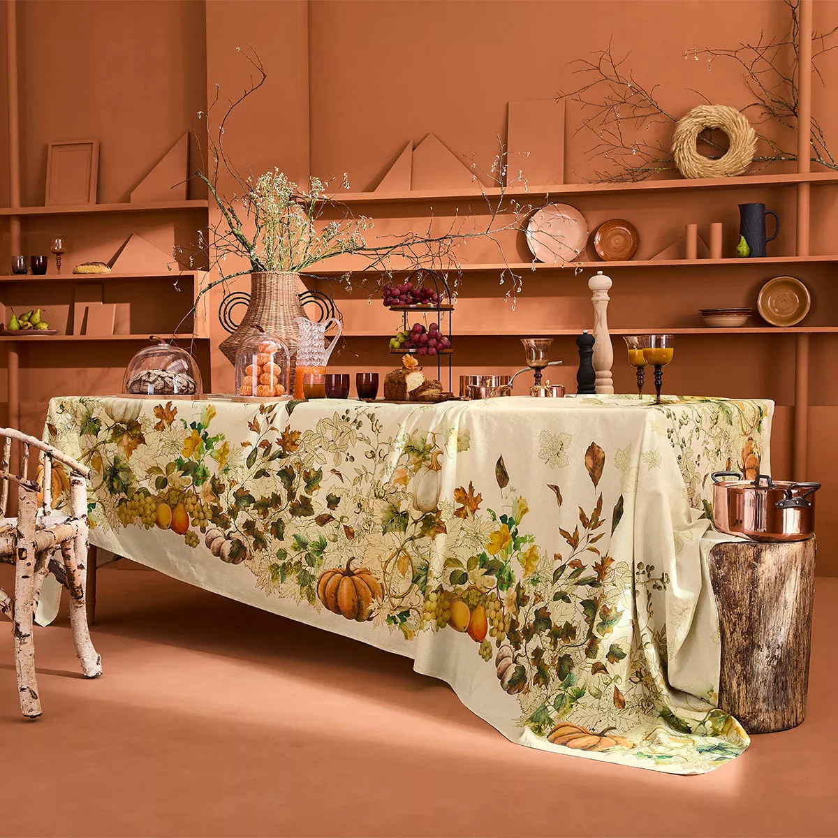 Table linen set linen & cotton prewashed 190 gsm printed orange beige Delices d'automne potiron