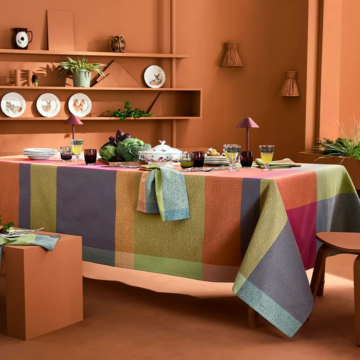 Table linen set 100% cotton 220 gsm jacquard pattern orange green Mille baies shetland