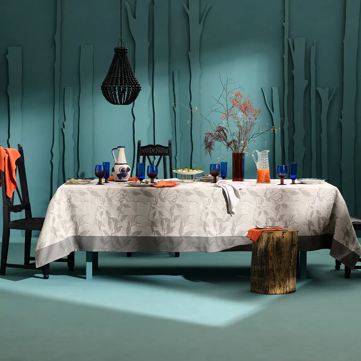Table linen set 100% cotton 220 gsm jacquard pattern anthracite grey Mille prunus silver