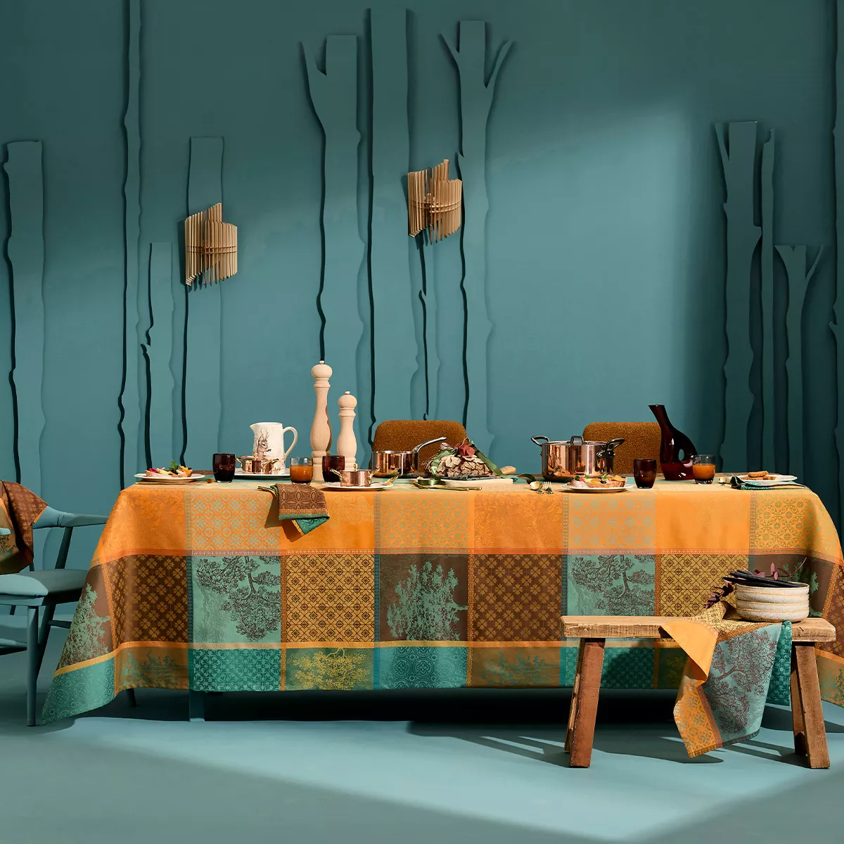 Table linen set 100% cotton 220 gsm jacquard pattern brown green Mille trees foret