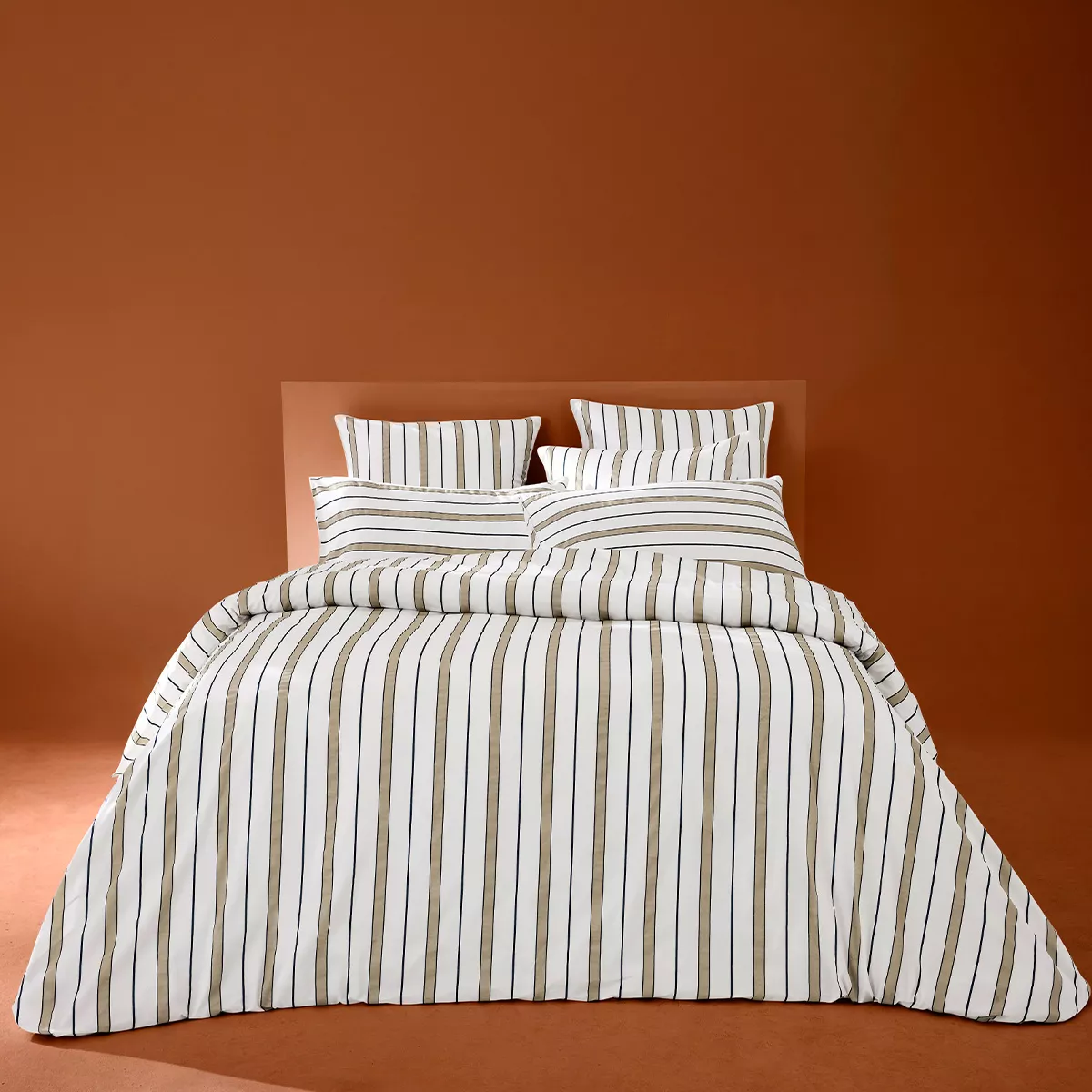 Duvet cover + pillowcases cotton sateen printed white beige Martigues sable