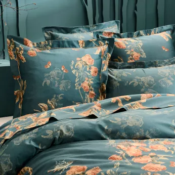 Pillowcase cotton sateen 115 gsm printed green orange Roses d'automne vert anglais