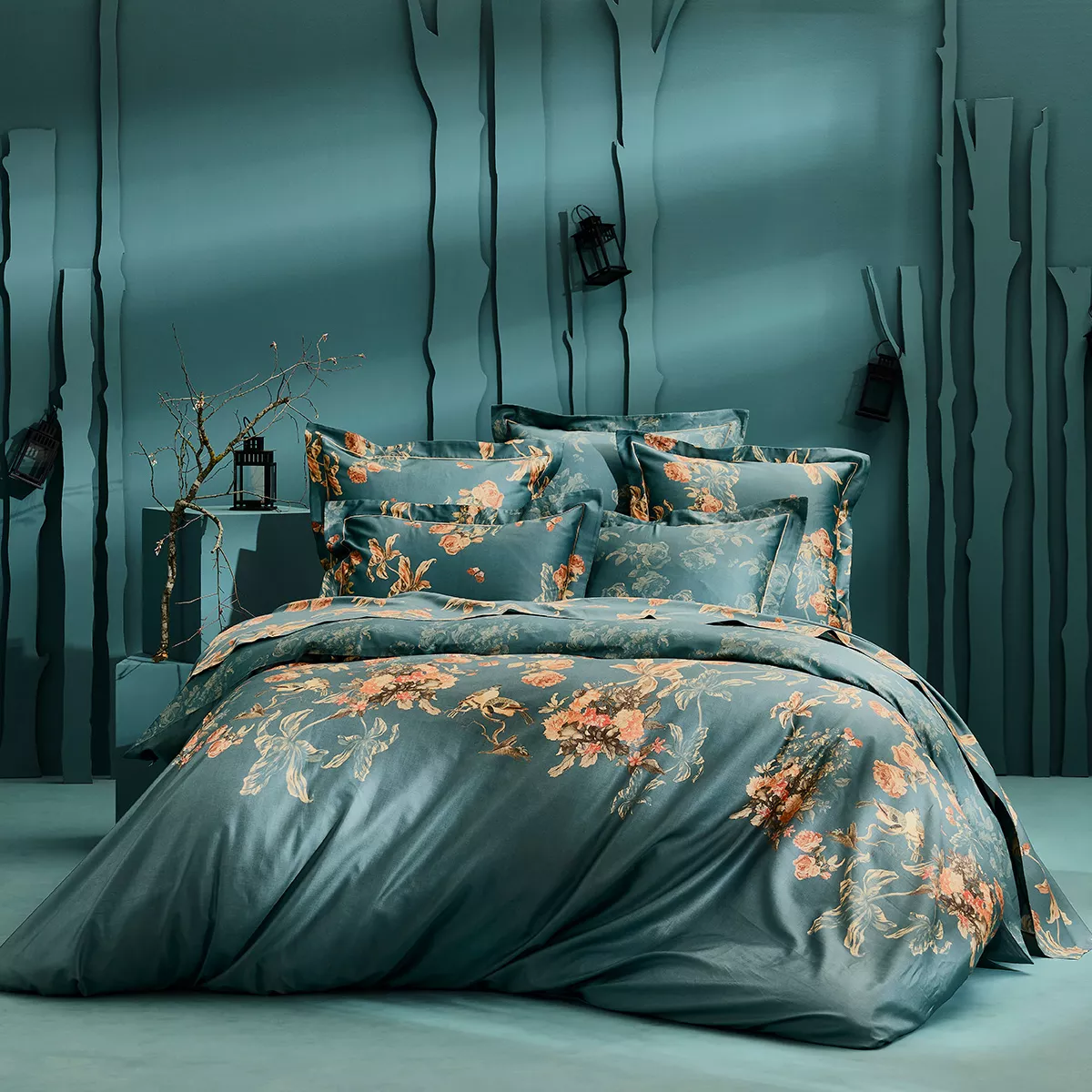 Bed set cotton sateen printed green orange Roses d'automne vert anglais