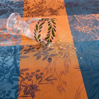 Tablecloth 100% cotton coated 220 gsm jacquard pattern blue brown Mille branchages crepuscule