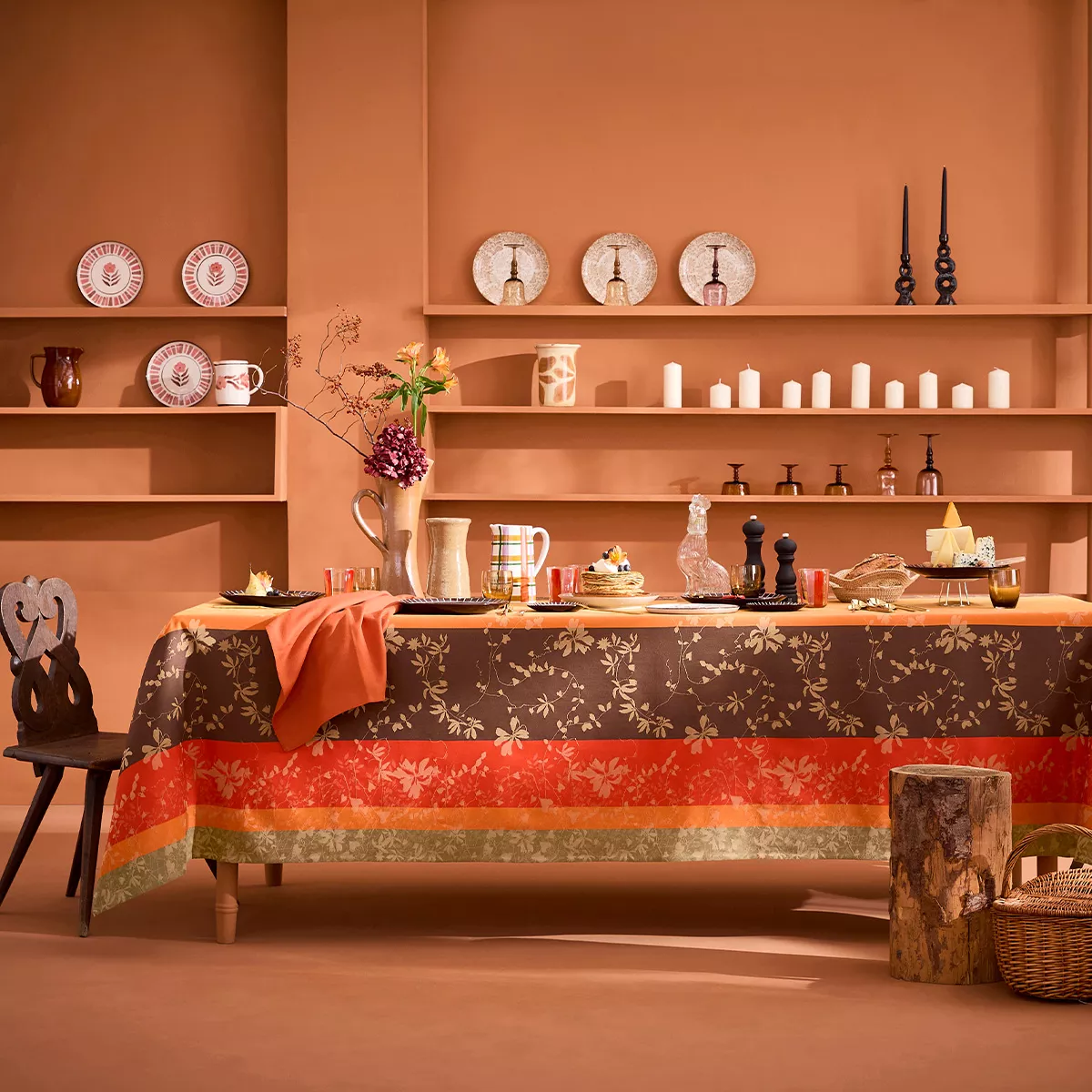 Tablecloth 100% cotton 220 gsm jacquard pattern orange brown Mille lierres automne