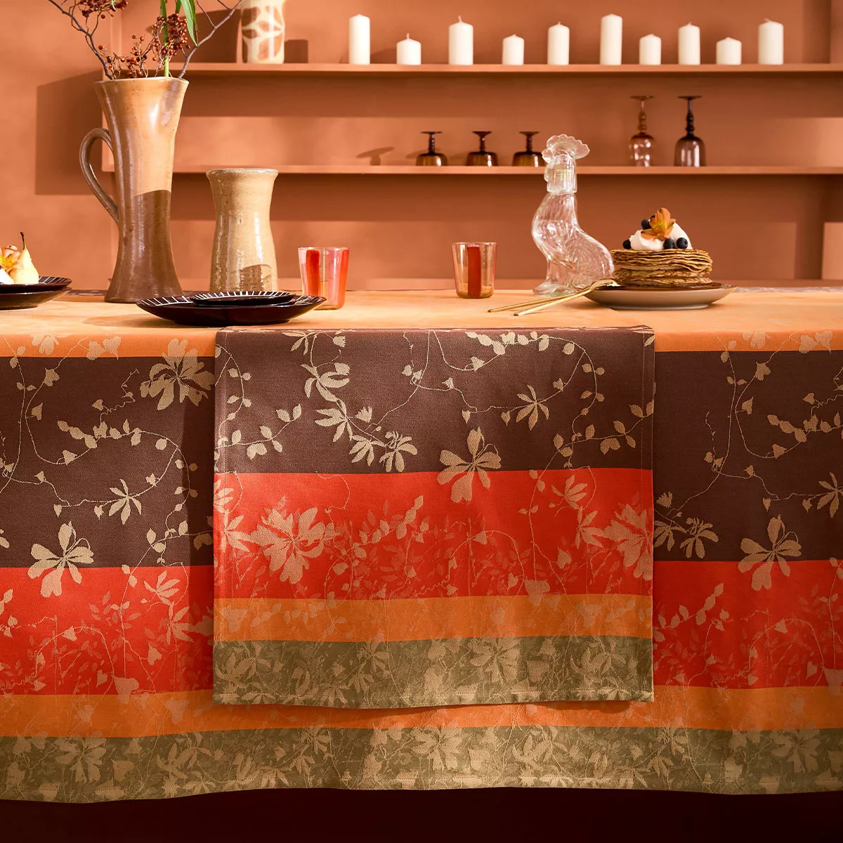 Table runner 100% cotton 220 gsm jacquard pattern orange brown Mille lierres automne