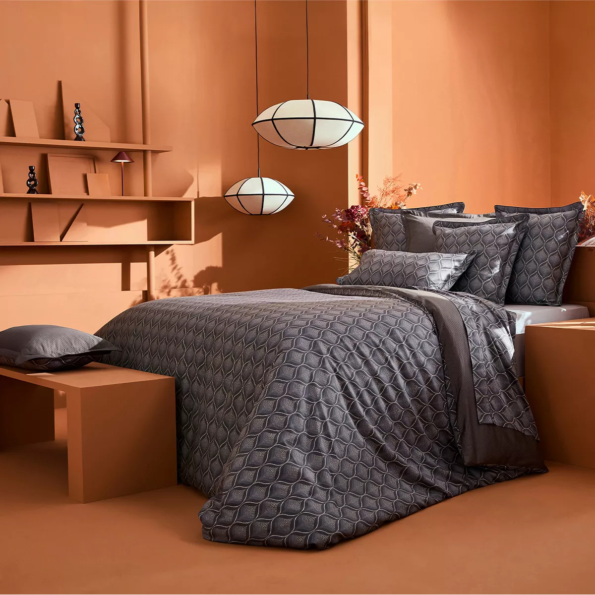 Duvet cover cotton sateen 115 gsm printed grey brown Tressages quartz