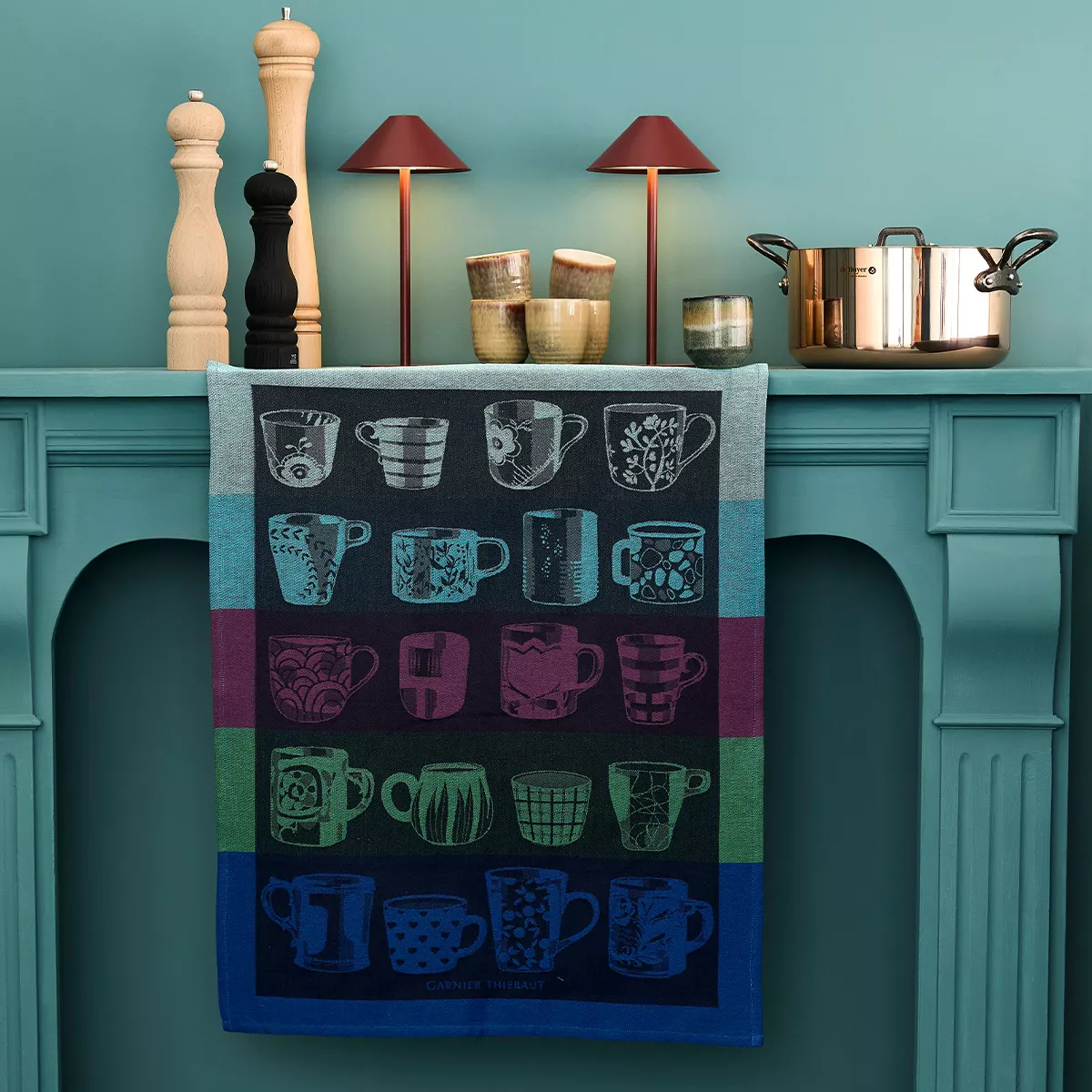 Kitchen towel 100% cotton jacquard pattern blue anthracite Les mugs nocturne