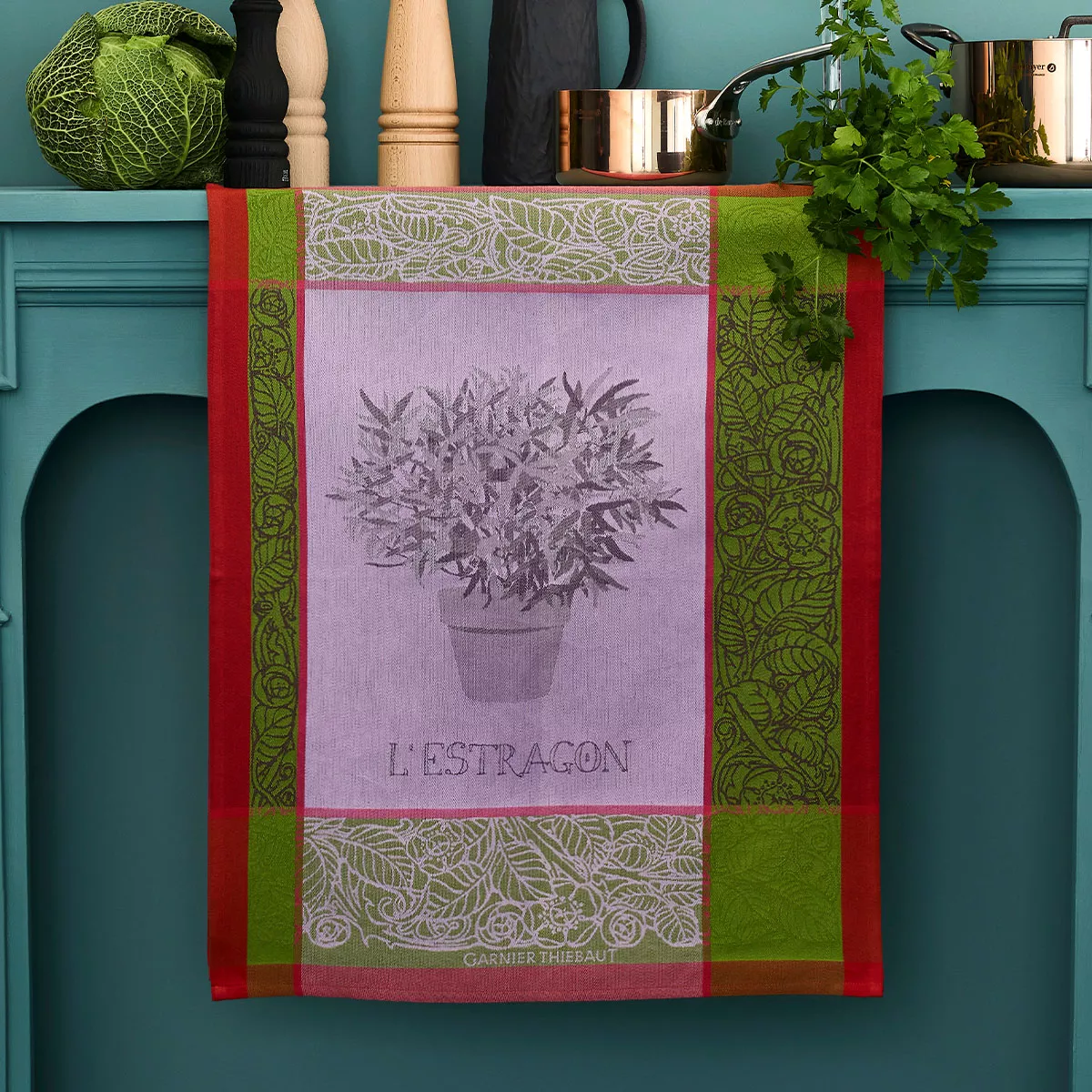 Kitchen towel 100% cotton jacquard pattern green purple Estragon mousse