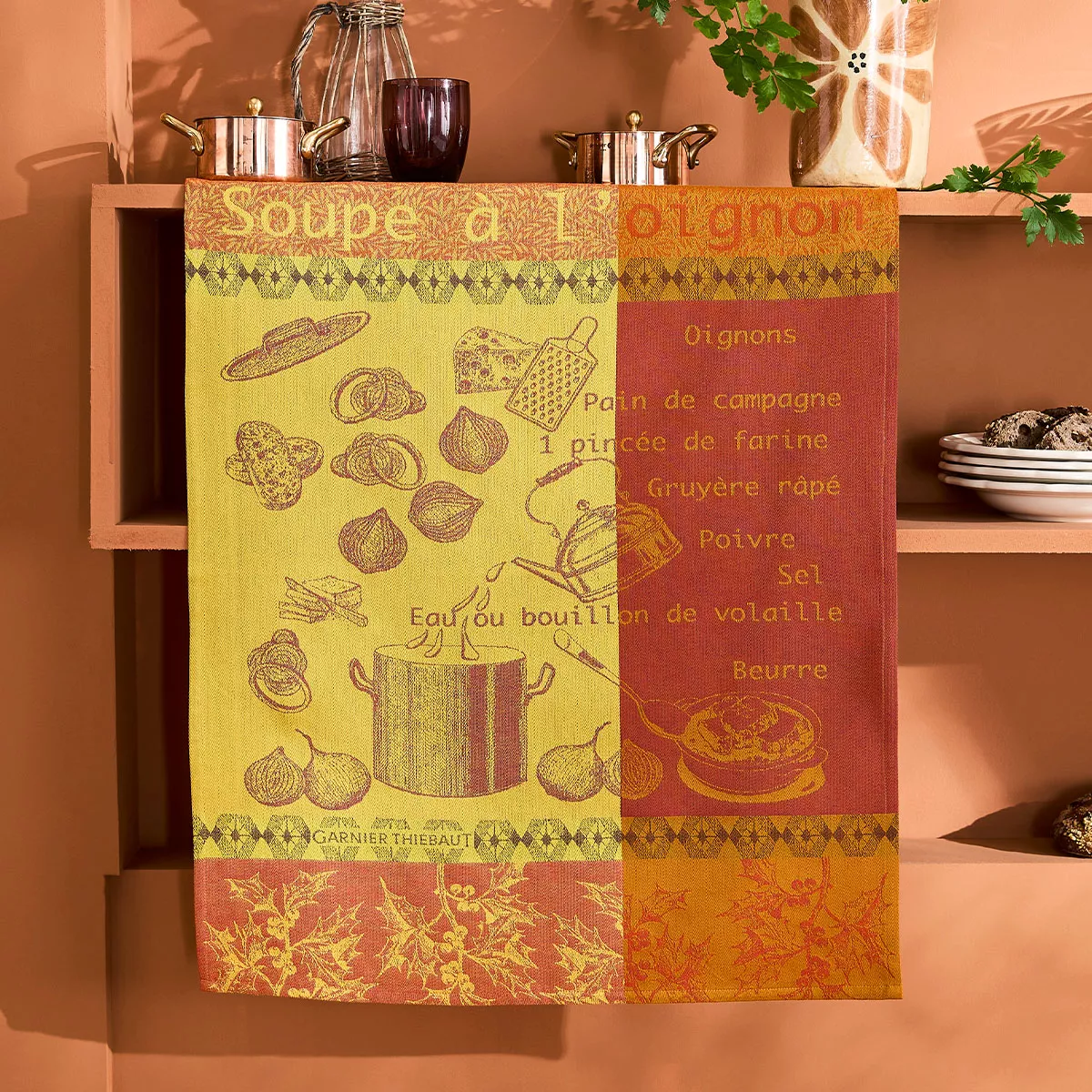 Kitchen towel 100% cotton jacquard pattern burgundy orange Soupe a l'oignon rouille