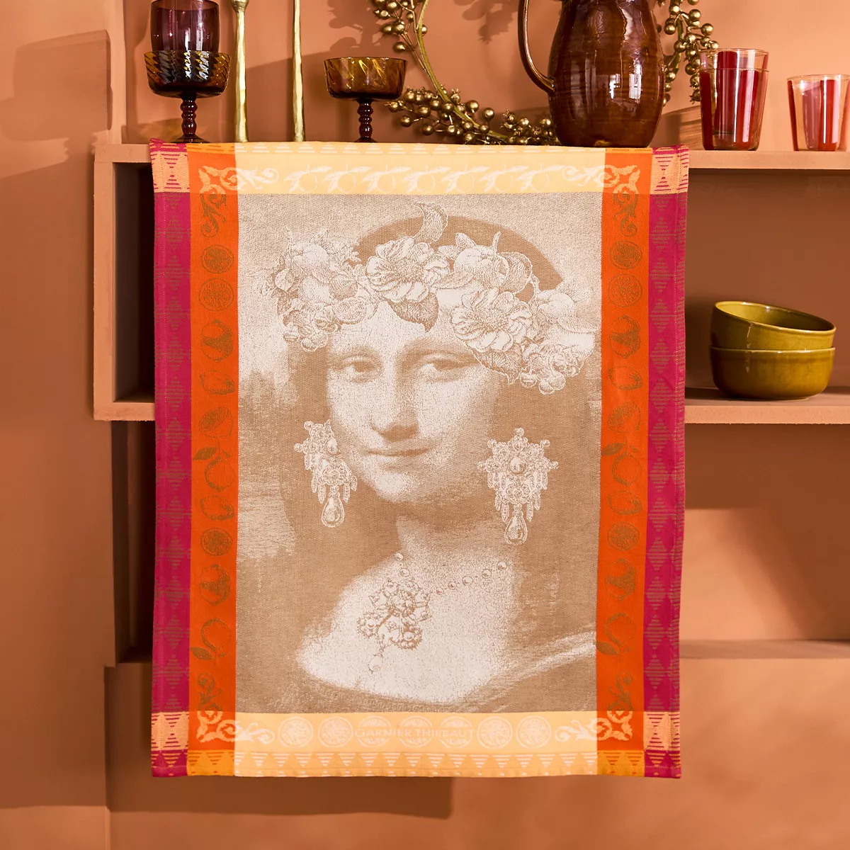 Kitchen towel 100% cotton jacquard pattern burgundy orange Mona lisa cuivre