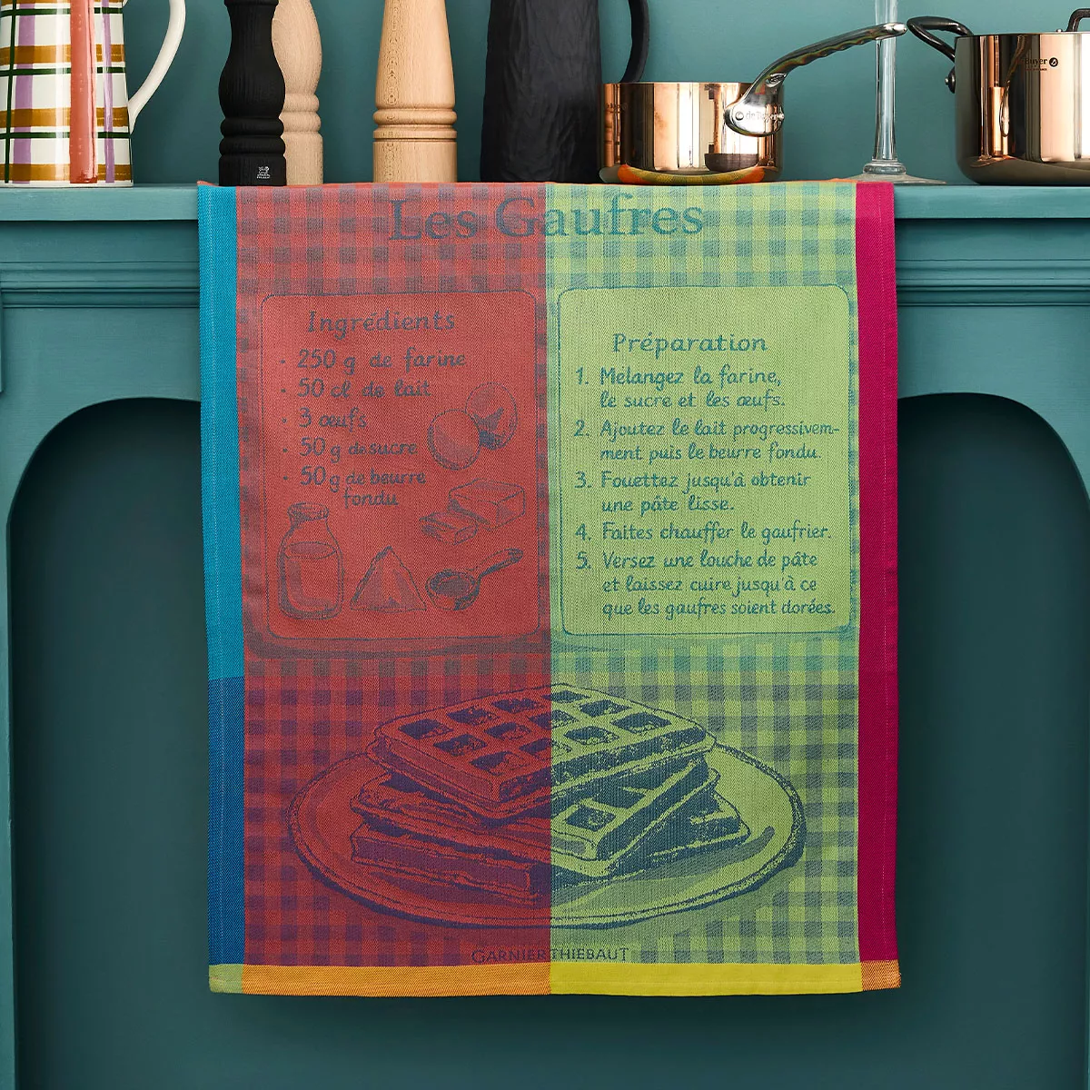 Kitchen towel 100% cotton jacquard pattern pink green Les gaufres gourmand