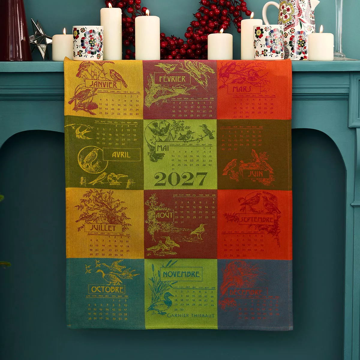 Kitchen towel 100% cotton jacquard pattern yellow red Calendrier 2027 celebration