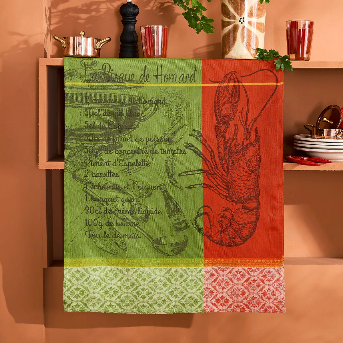 Kitchen towel 100% cotton jacquard pattern green red Bisque de homard mousse