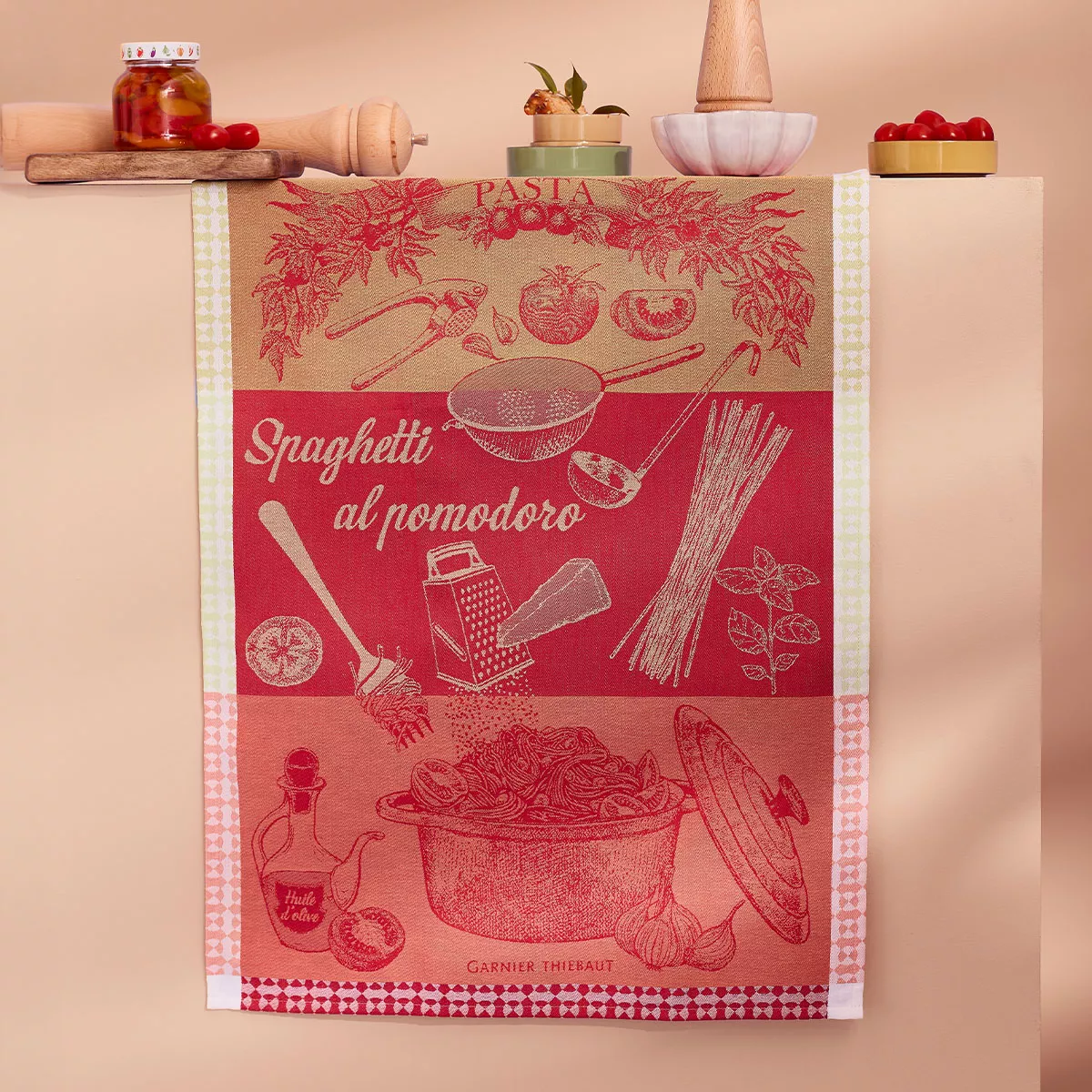 Kitchen towel 100% cotton jacquard pattern green red Spaghetti pomodoro basilic