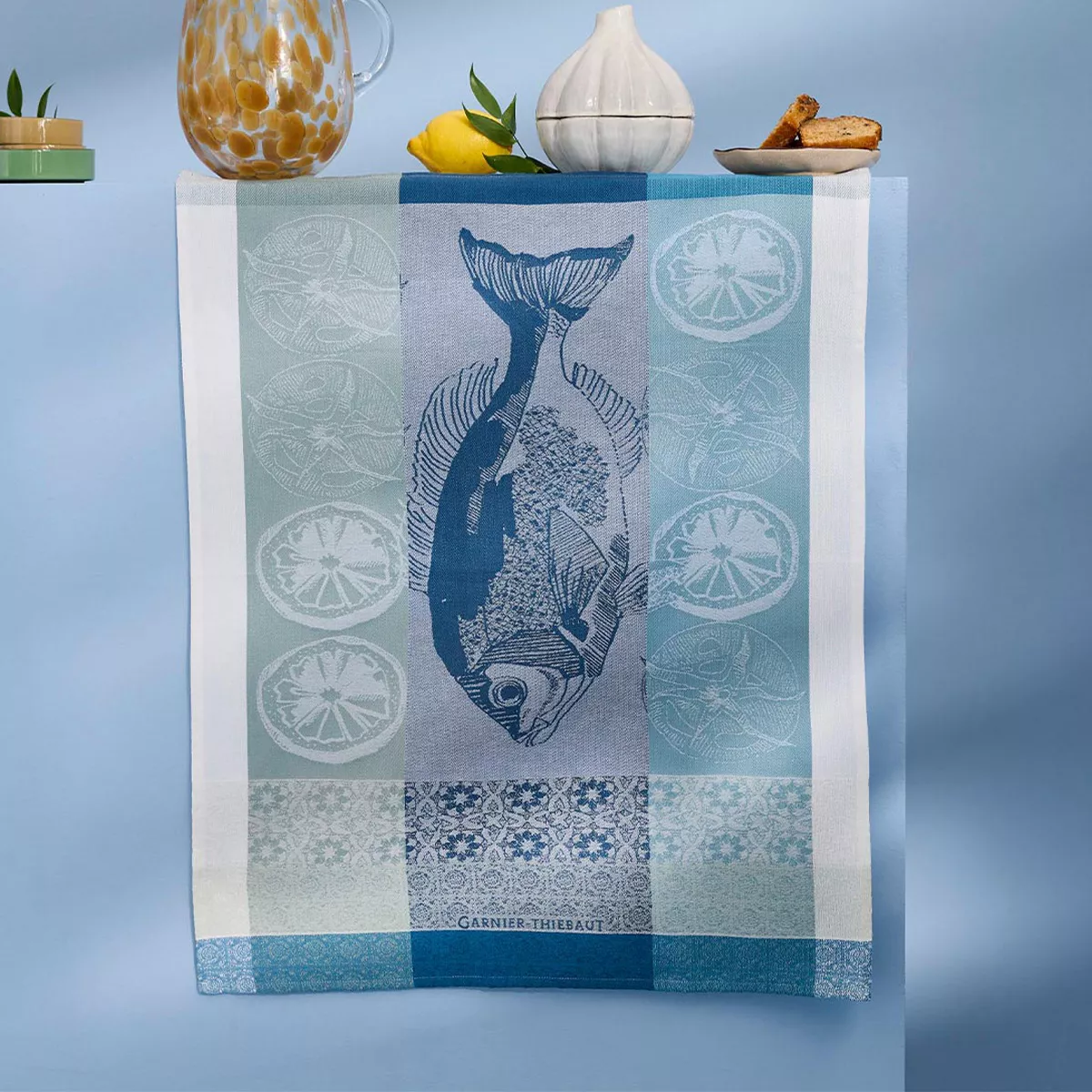 Kitchen towel 100% cotton jacquard pattern white blue Plancha outremer