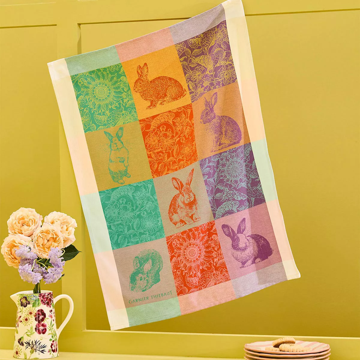 Kitchen towel 100% cotton jacquard pattern blue pink Les lapins printemps