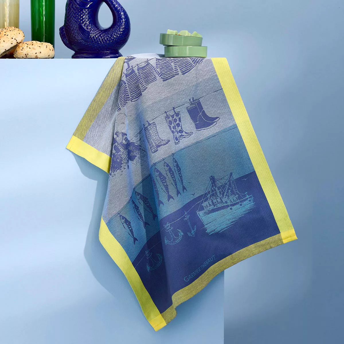 Kitchen towel 100% cotton jacquard pattern blue yellow Destination mer cire