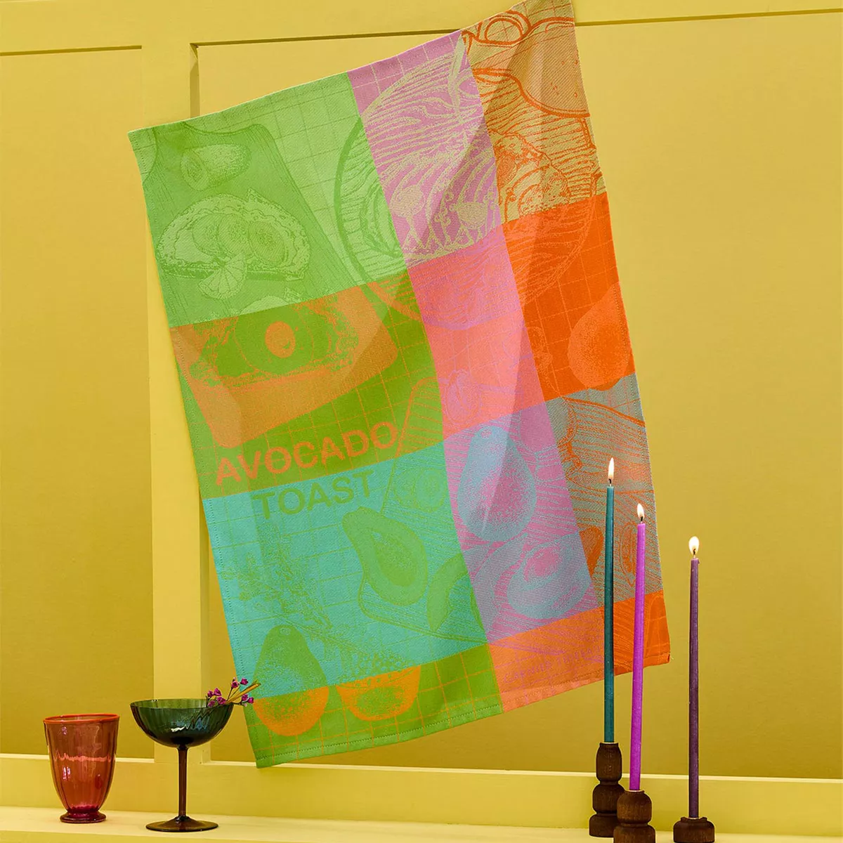 Kitchen towel 100% cotton jacquard pattern green orange Avocado toast neon
