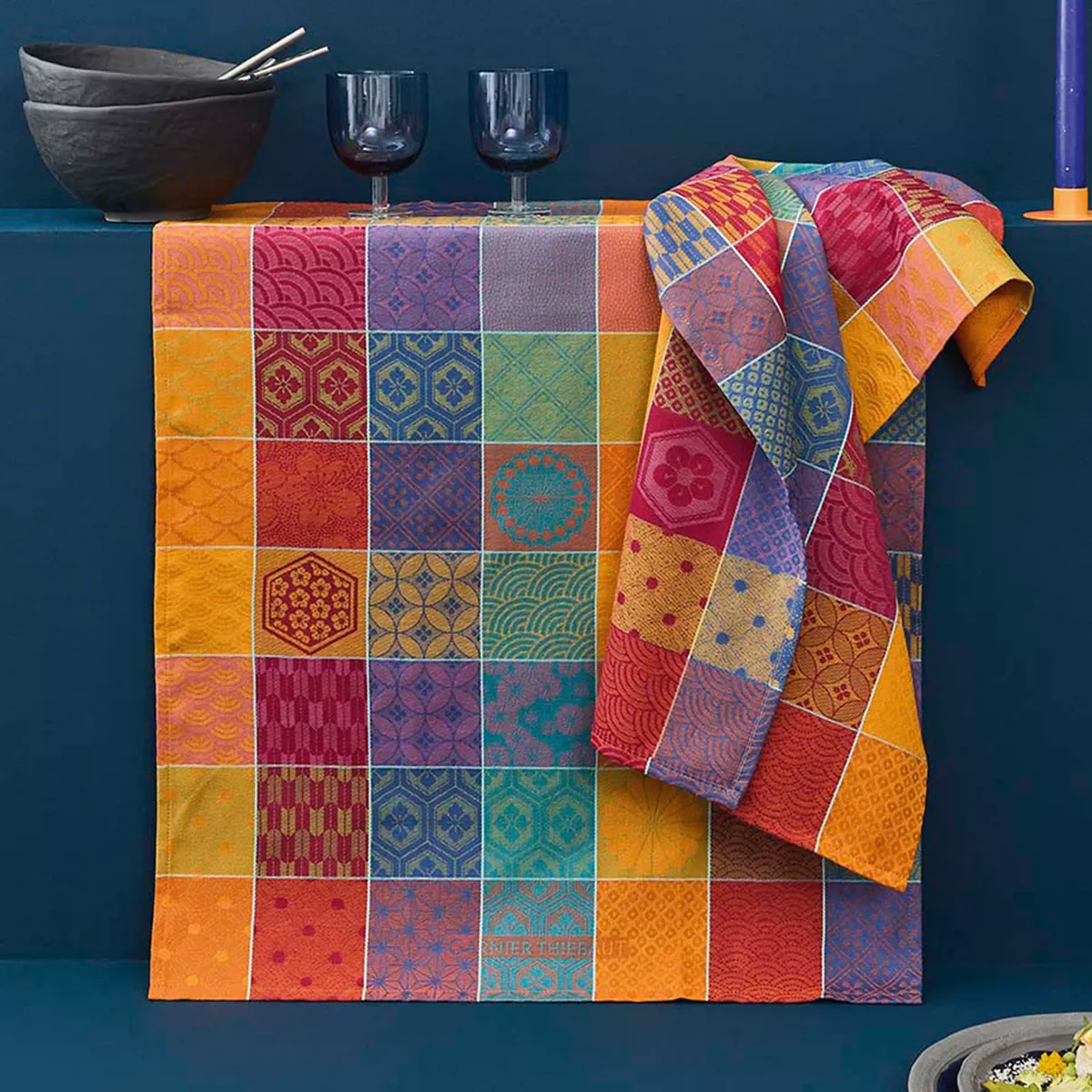 Kitchen towel 100% cotton jacquard pattern purple orange Mille hana floralies