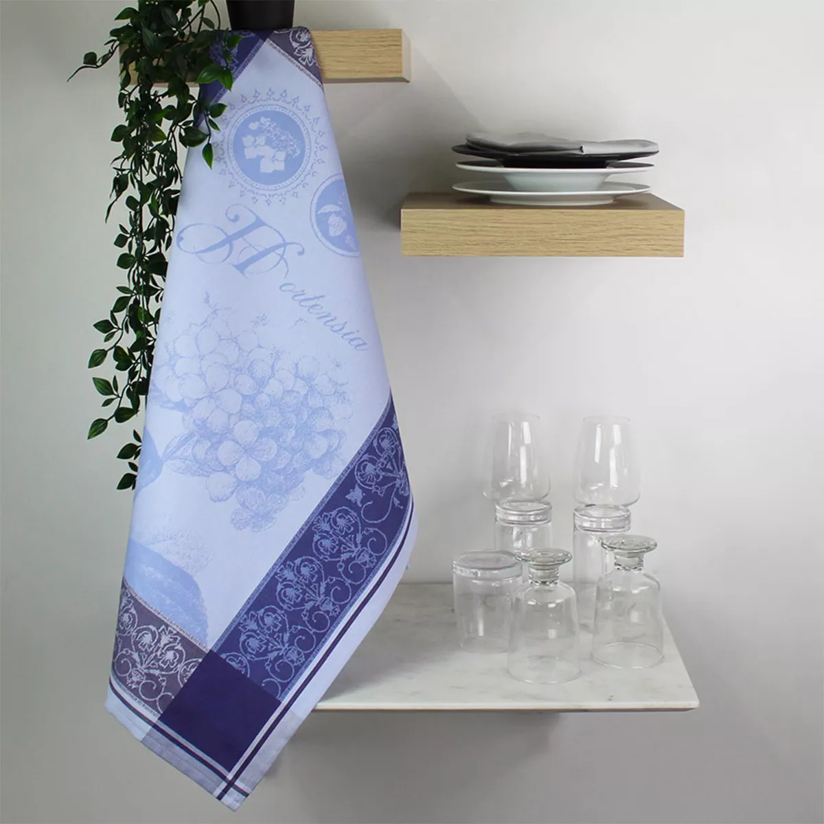 Kitchen towel 100% cotton jacquard pattern blue Hortensia bleu