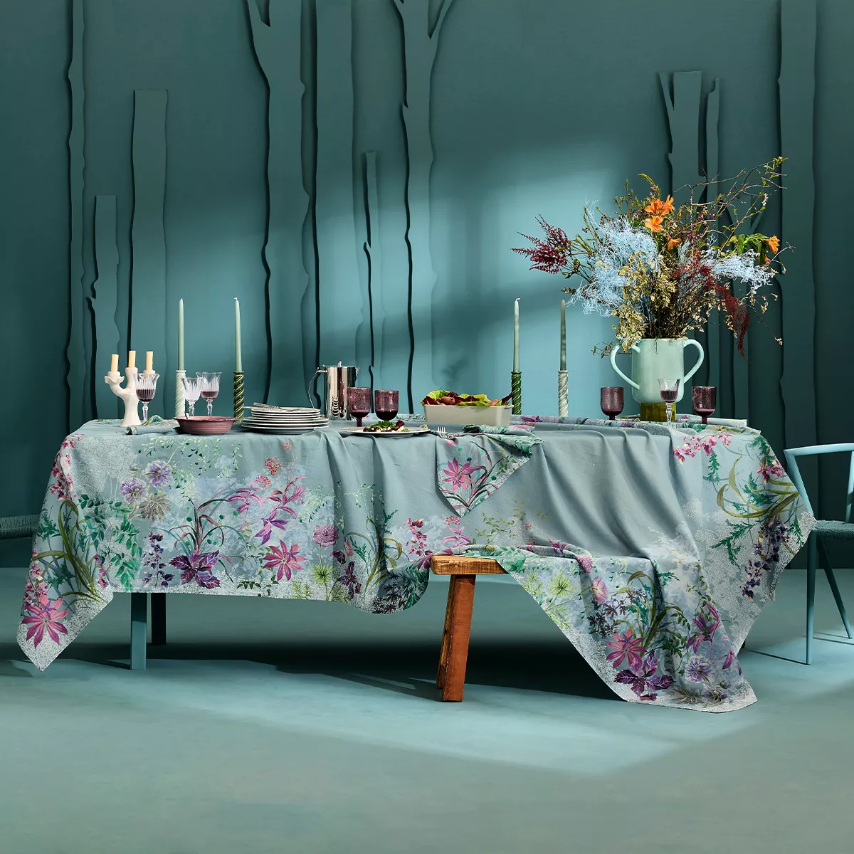 Table linen set linen & cotton prewashed 150 gsm printed blue purple Ombres boisees givre