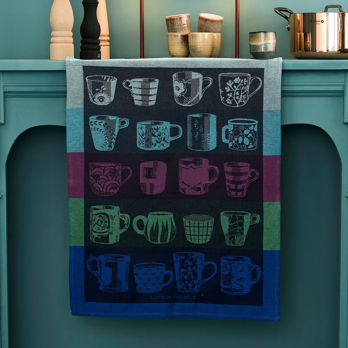 Kitchen towel 100% cotton jacquard pattern blue anthracite Les mugs nocturne