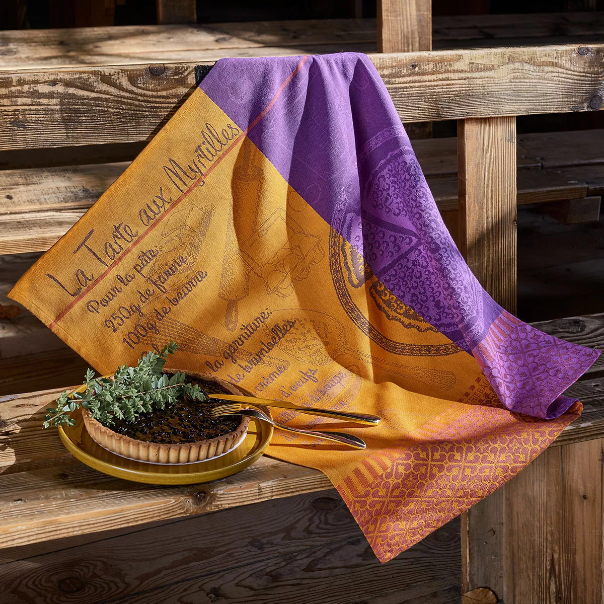 Kitchen towel 100% cotton jacquard pattern orange purple Tarte myrtilles violine