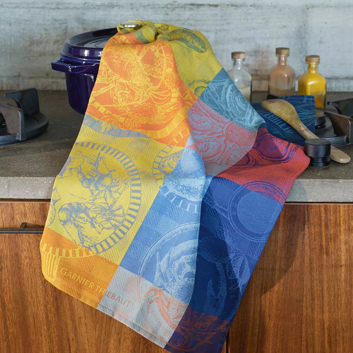 Kitchen towel 100% cotton jacquard pattern blue yellow Sea food citronne