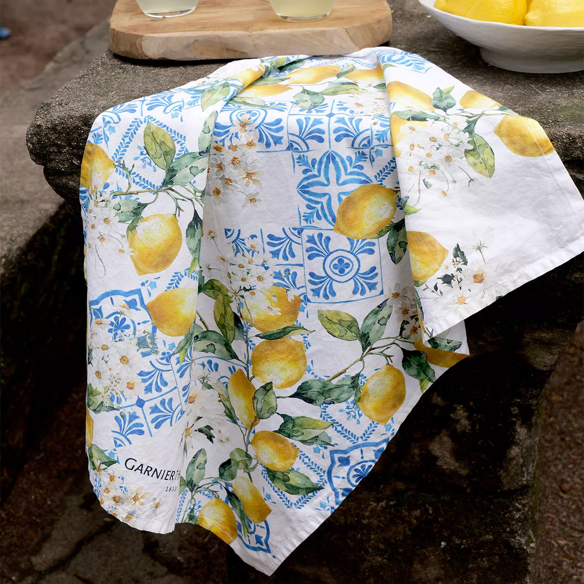 Kitchen towel linen & cotton prewashed 190 gsm printed yellow blue Citrons azulejos bleu