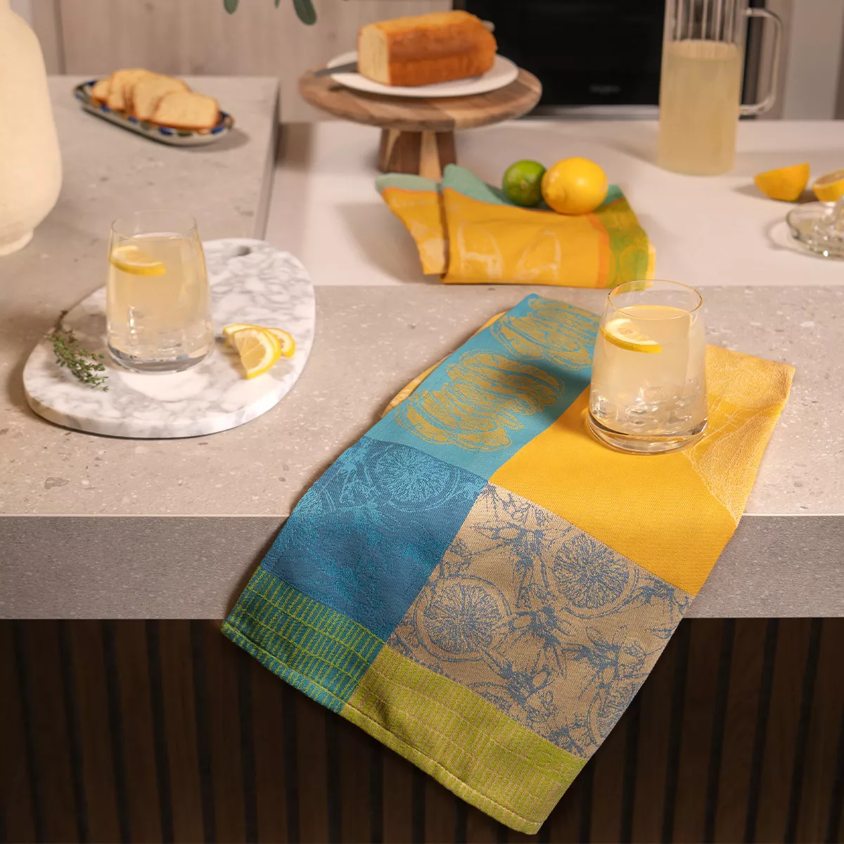 Kitchen towel 100% cotton jacquard pattern yellow Limonade au thym soleil