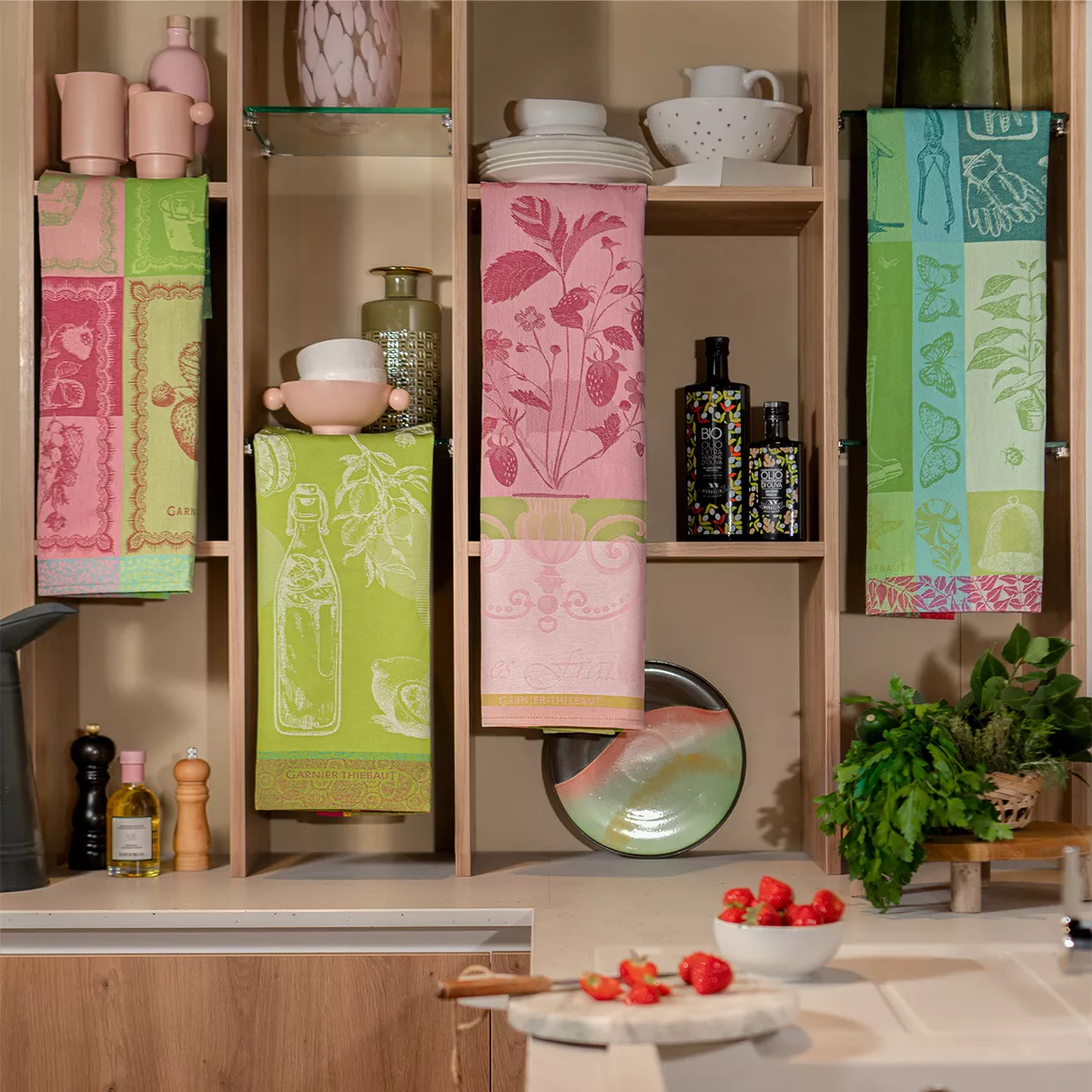 Kitchen towel 100% cotton jacquard pattern multicolor Mon petit jardin printemps