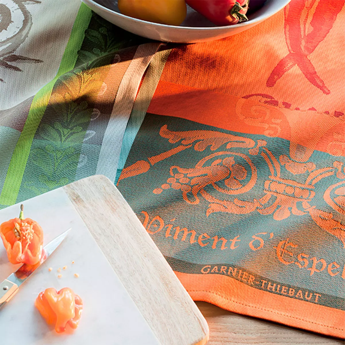 Kitchen towel 100% cotton jacquard pattern orange red Piment d'espelette epices