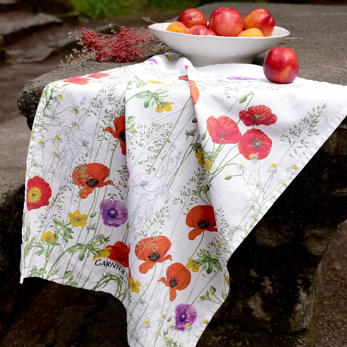 Kitchen towel linen & cotton prewashed 190 gsm printed red purple Les coquelicots violet