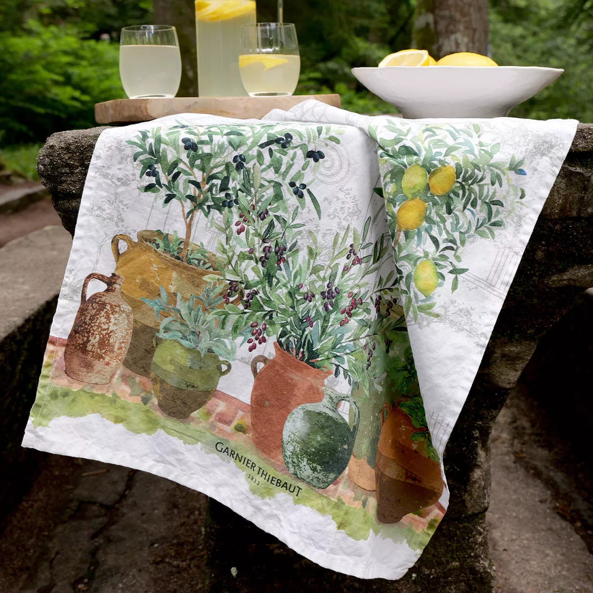 Kitchen towel linen & cotton prewashed 190 gsm printed brown green Jardin provencal olive