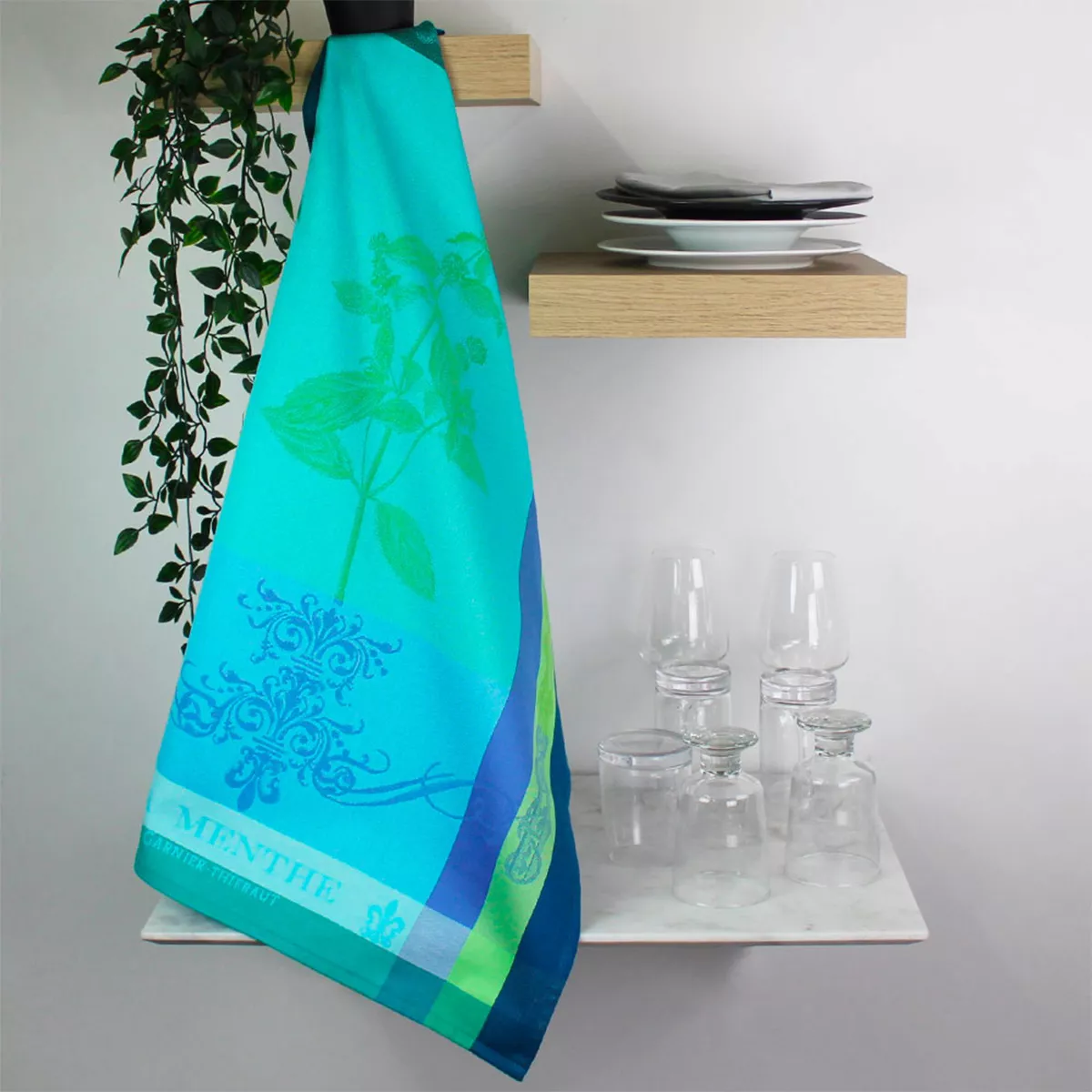 Kitchen towel 100% cotton jacquard pattern blue green Brin de menthe chlorophylle