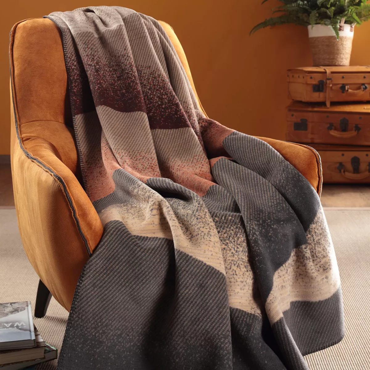 Plaid cotton blend 415 gsm jacquard pattern grey orange Sea waves brique