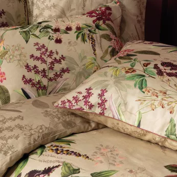 Pillowcase cotton sateen printed pink beige green Parfum d'orchidee grege