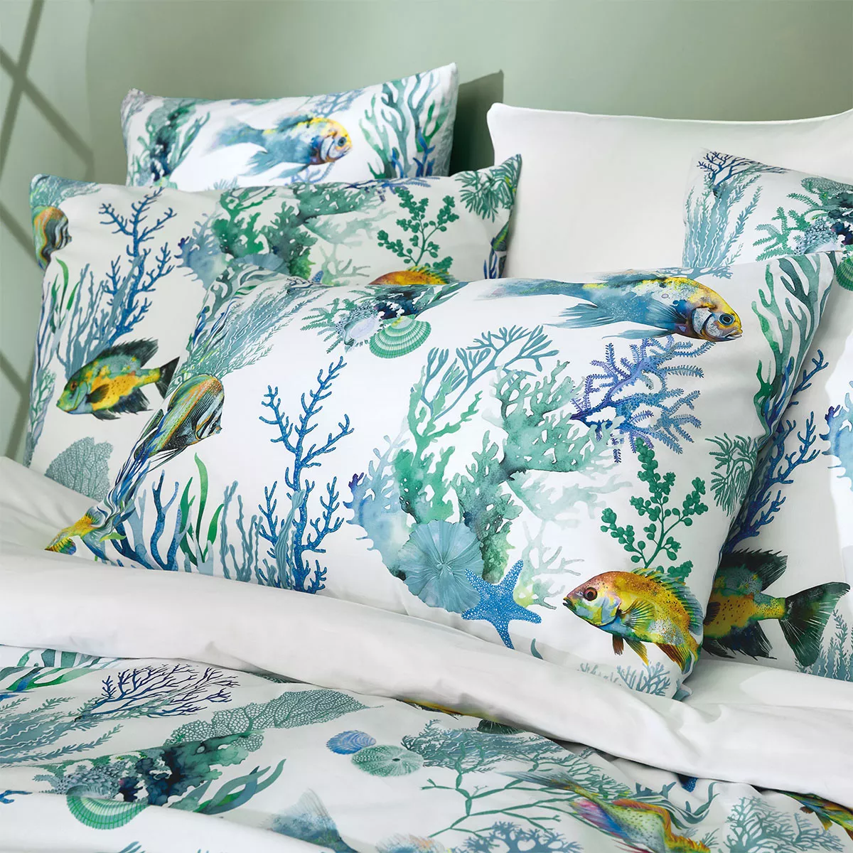 2 pillowcases cotton percale printed white blue Naia blanc