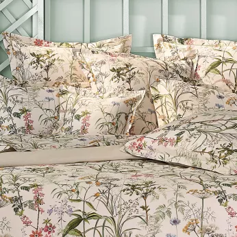 Pillowcase cotton sateen printed pink beige green Prairie legere beige